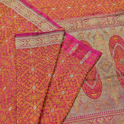Indian Vintage Rani Pink Banarasi Brocade Saree Heavy Wedding Sari in Pure Satin Silk Woven Zari Fabric for Crafting, Dressmaking