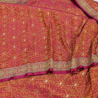 Indian Vintage Rani Pink Banarasi Brocade Saree Heavy Wedding Sari in Pure Satin Silk Woven Zari Fabric for Crafting, Dressmaking