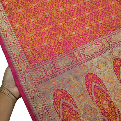 Indian Vintage Rani Pink Banarasi Brocade Saree Heavy Wedding Sari in Pure Satin Silk Woven Zari Fabric for Crafting, Dressmaking