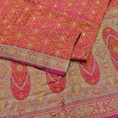 Indian Vintage Rani Pink Banarasi Brocade Saree Heavy Wedding Sari in Pure Satin Silk Woven Zari Fabric for Crafting, Dressmaking