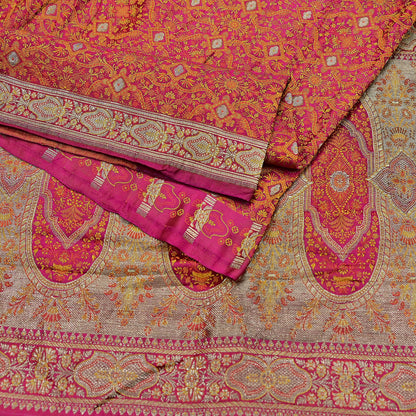 Indian Vintage Rani Pink Banarasi Brocade Saree Heavy Wedding Sari in Pure Satin Silk Woven Zari Fabric for Crafting, Dressmaking
