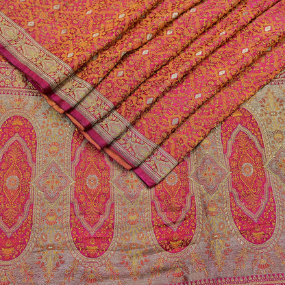 Indian Vintage Rani Pink Banarasi Brocade Saree Heavy Wedding Sari in Pure Satin Silk Woven Zari Fabric for Crafting, Dressmaking