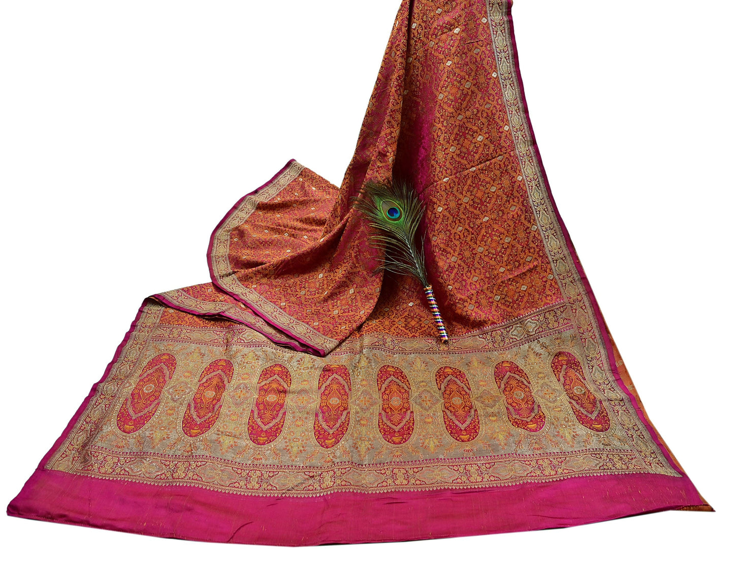 Indian Vintage Rani Pink Banarasi Brocade Saree Heavy Wedding Sari in Pure Satin Silk Woven Zari Fabric for Crafting, Dressmaking