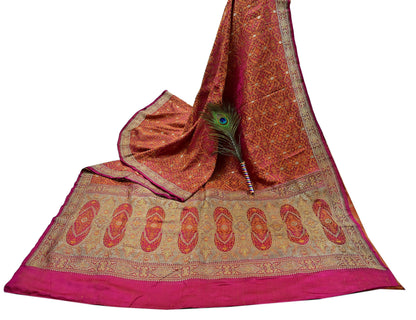 Indian Vintage Rani Pink Banarasi Brocade Saree Heavy Wedding Sari in Pure Satin Silk Woven Zari Fabric for Crafting, Dressmaking