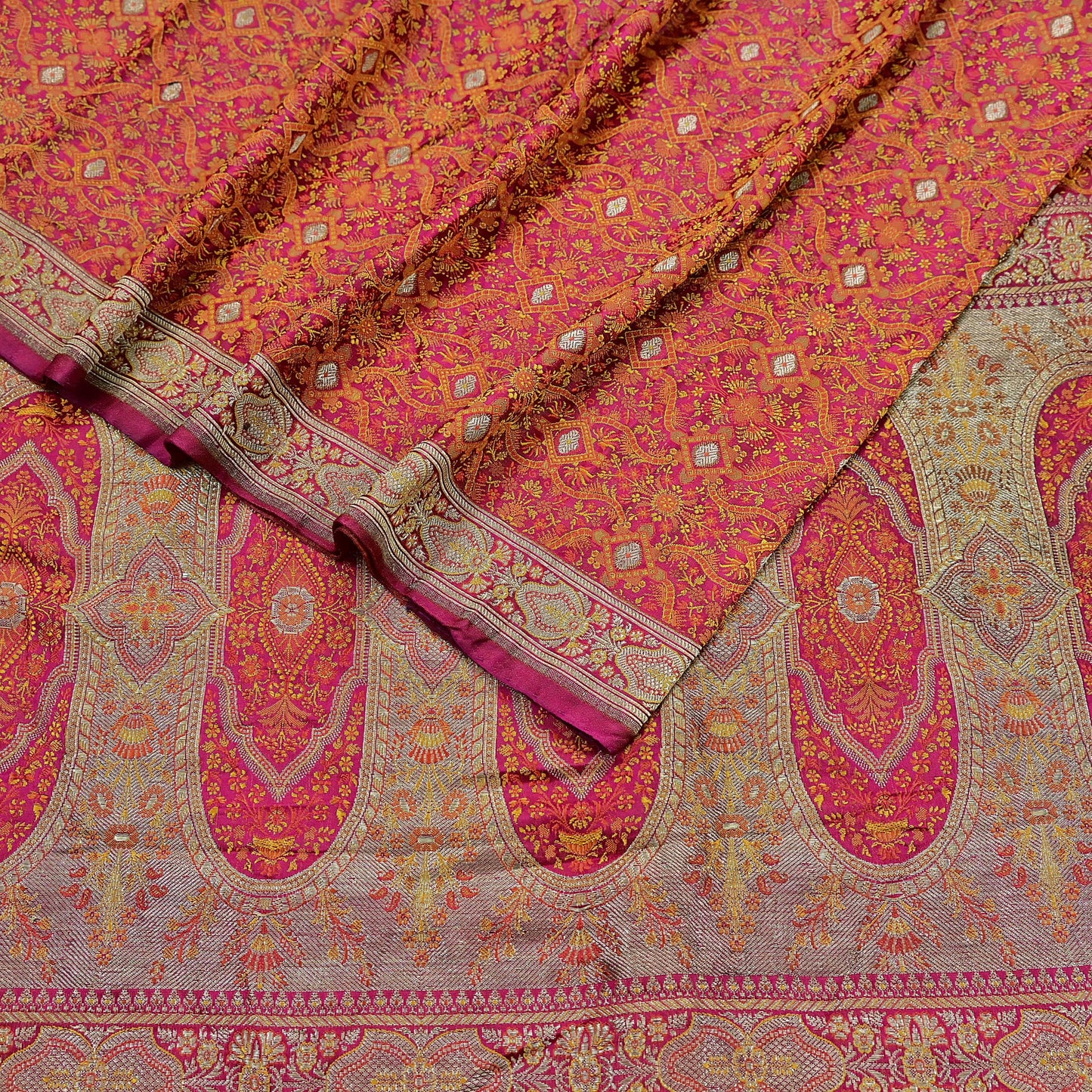 Indian Vintage Rani Pink Banarasi Brocade Saree Heavy Wedding Sari in Pure Satin Silk Woven Zari Fabric for Crafting, Dressmaking