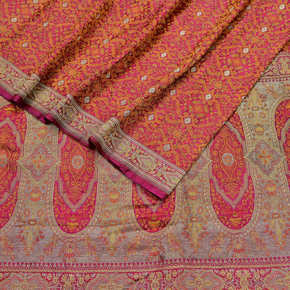 Indian Vintage Rani Pink Banarasi Brocade Saree Heavy Wedding Sari in Pure Satin Silk Woven Zari Fabric for Crafting, Dressmaking