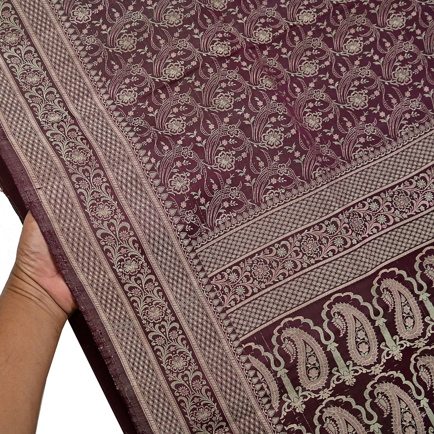 Vintage Brown Banarasi Silk Saree Pure Satin Silk Handwoven Tanchoi Fabric with Floral Weave 5 Yard Dressmaking Craft Material