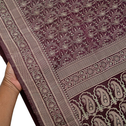 Vintage Brown Banarasi Silk Saree Pure Satin Silk Handwoven Tanchoi Fabric with Floral Weave 5 Yard Dressmaking Craft Material