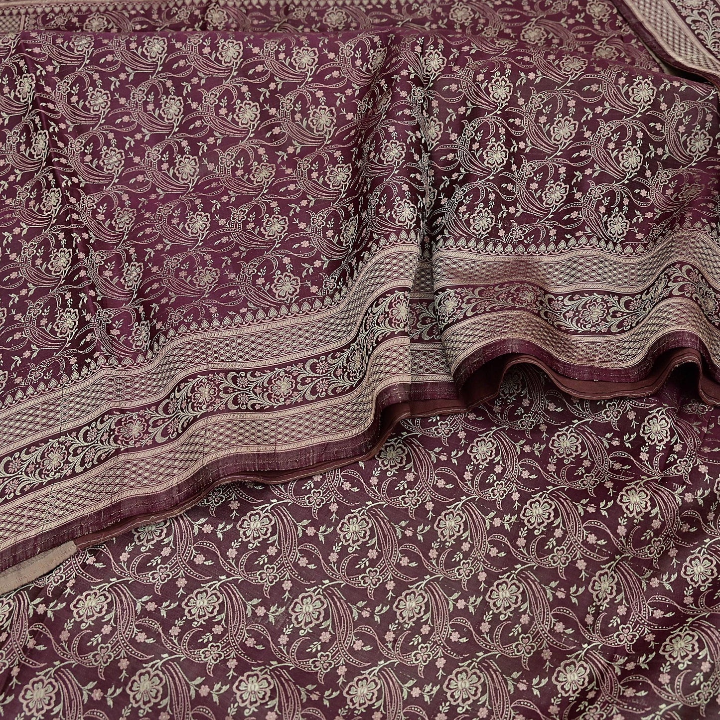 Vintage Brown Banarasi Silk Saree Pure Satin Silk Handwoven Tanchoi Fabric with Floral Weave 5 Yard Dressmaking Craft Material