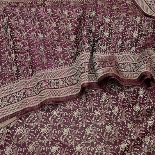 Vintage Brown Banarasi Silk Saree Pure Satin Silk Handwoven Tanchoi Fabric with Floral Weave 5 Yard Dressmaking Craft Material