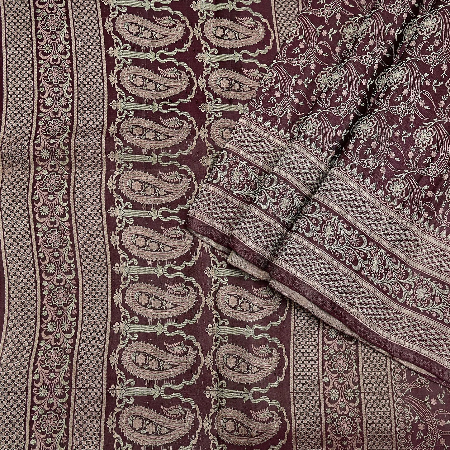 Vintage Brown Banarasi Silk Saree Pure Satin Silk Handwoven Tanchoi Fabric with Floral Weave 5 Yard Dressmaking Craft Material