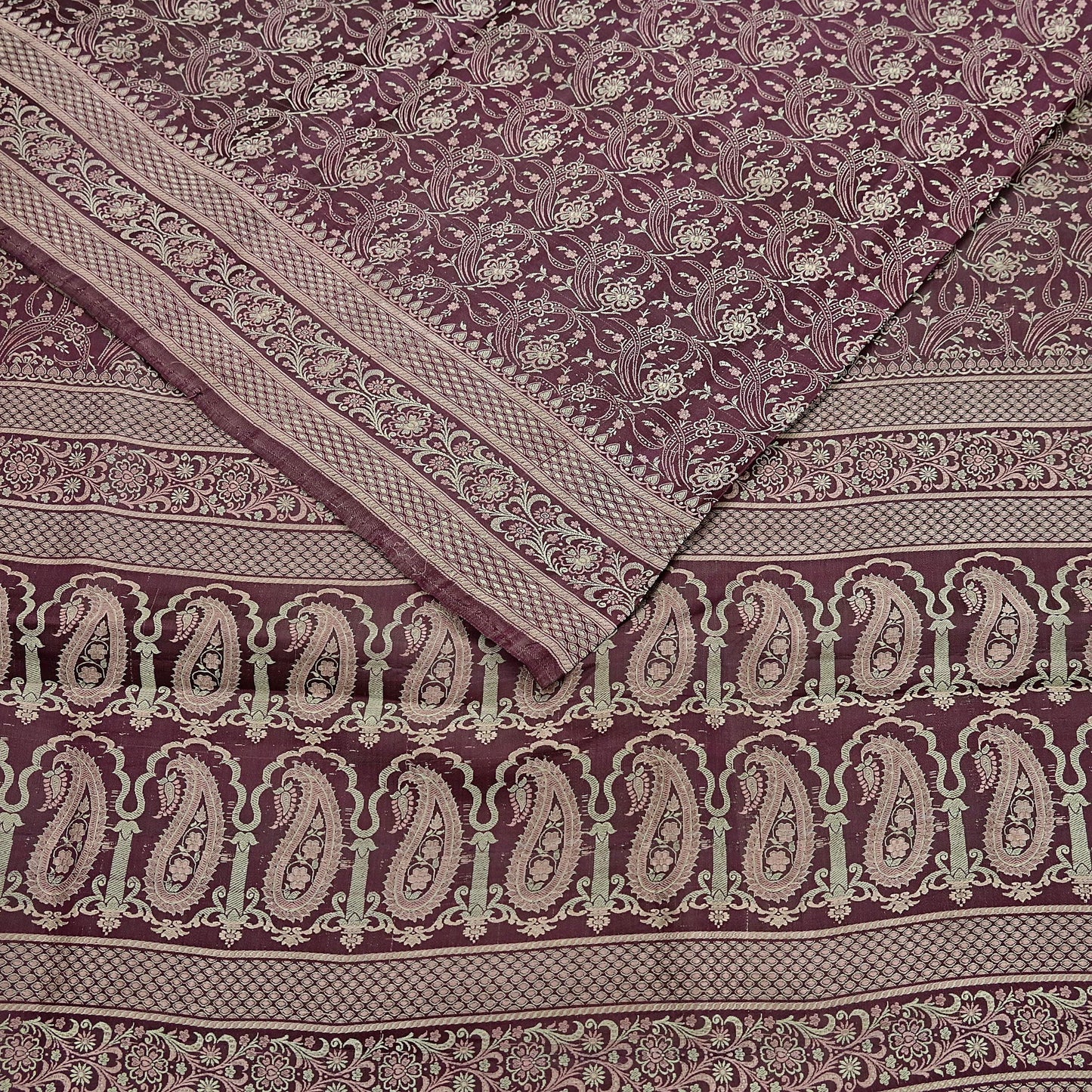 Vintage Brown Banarasi Silk Saree Pure Satin Silk Handwoven Tanchoi Fabric with Floral Weave 5 Yard Dressmaking Craft Material