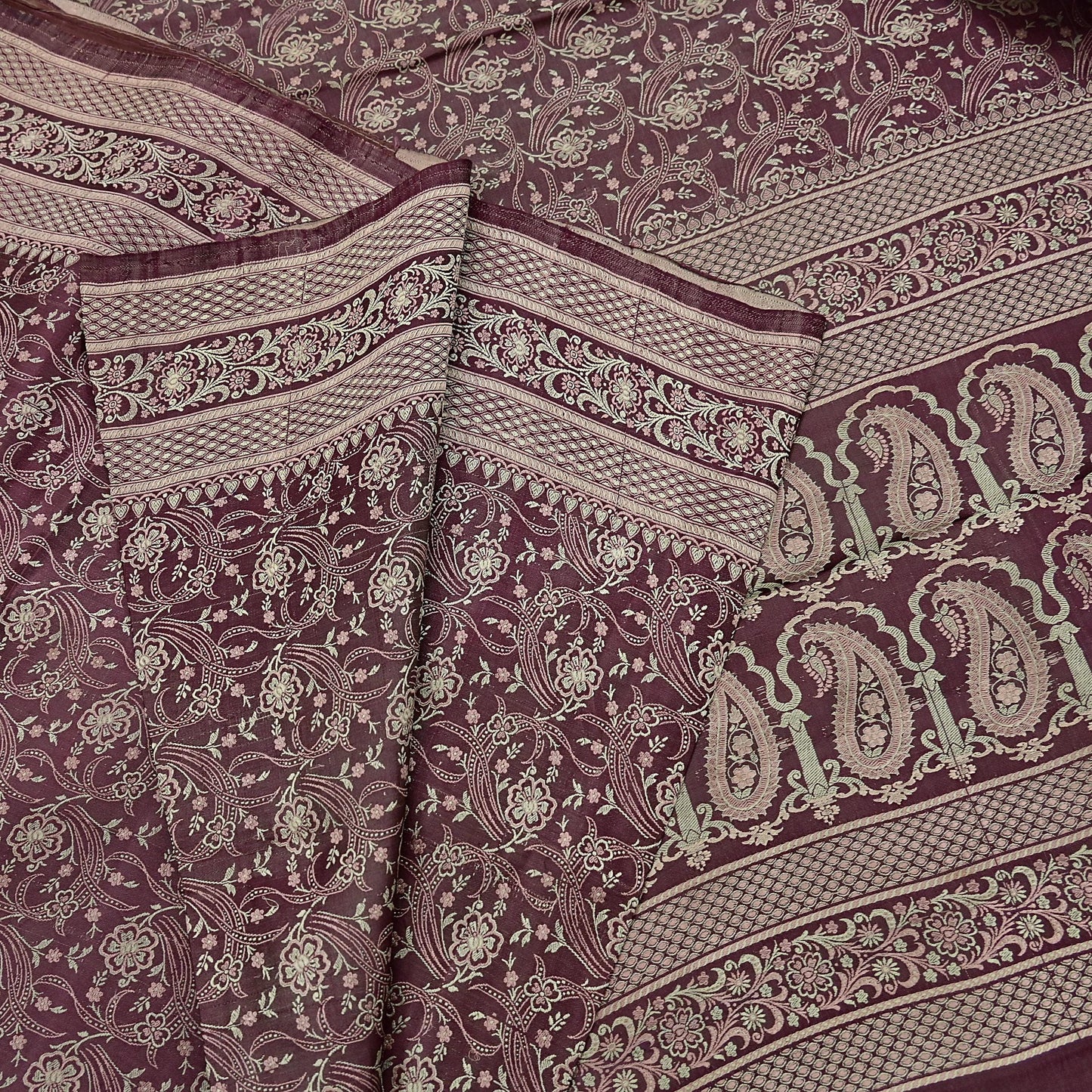 Vintage Brown Banarasi Silk Saree Pure Satin Silk Handwoven Tanchoi Fabric with Floral Weave 5 Yard Dressmaking Craft Material