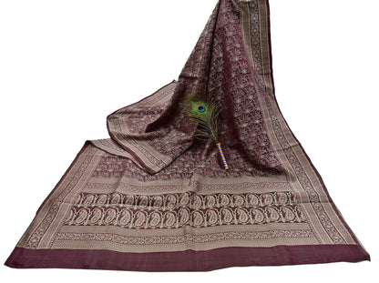Vintage Brown Banarasi Silk Saree Pure Satin Silk Handwoven Tanchoi Fabric with Floral Weave 5 Yard Dressmaking Craft Material