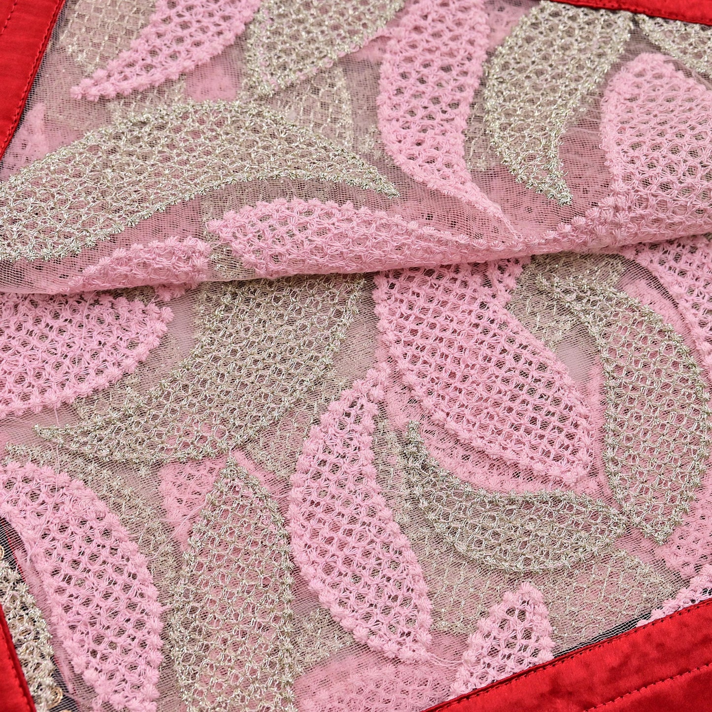 Indian Vintage Heavy Dupatta Pink Net Mesh Long Stole Hand Embroidered Scarves Zardozi/Dabka Zari Sequins Wedding Hijab Veil