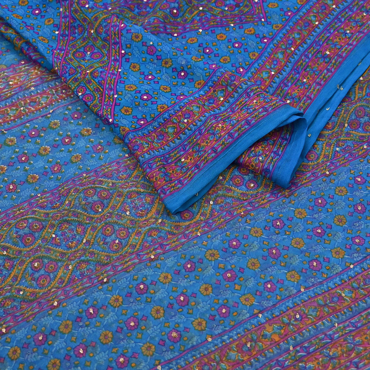 Indian Vintage Blue Dupatta Pure Chiffon Silk Long Stole Hand Embroidered Designer By Ritu Kumar Scarves Scarf Zari Zardozi