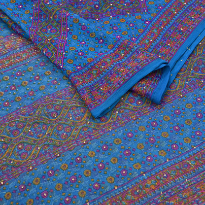 Indian Vintage Blue Dupatta Pure Chiffon Silk Long Stole Hand Embroidered Designer By Ritu Kumar Scarves Scarf Zari Zardozi