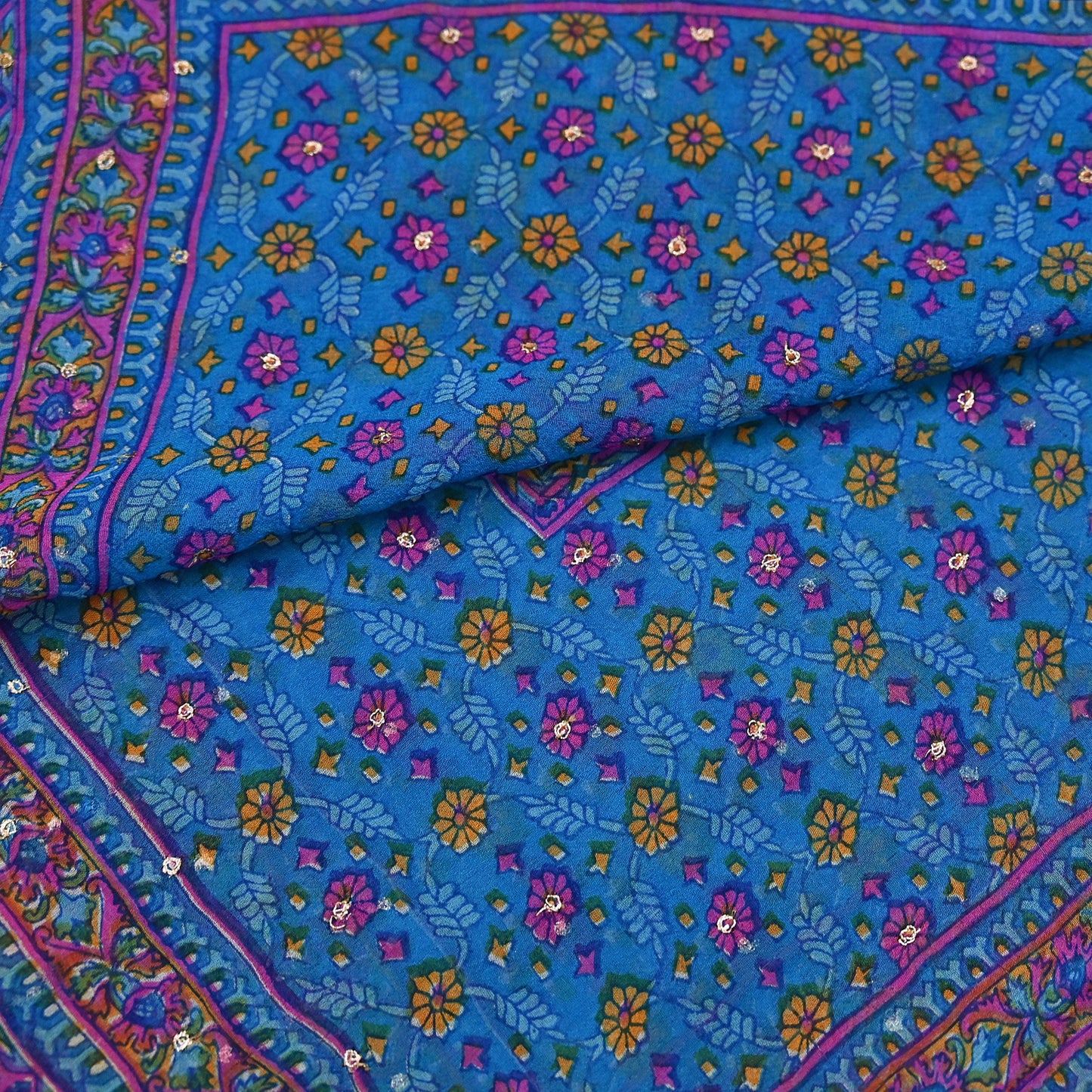 Indian Vintage Blue Dupatta Pure Chiffon Silk Long Stole Hand Embroidered Designer By Ritu Kumar Scarves Scarf Zari Zardozi