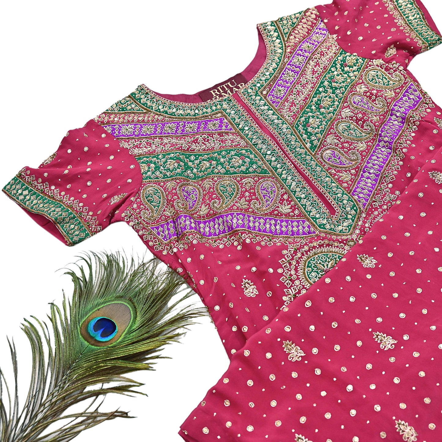 Indian Vintage Ritu Kumar Pink Pure Crepe Silk Long Kurta Hand Embroidered Printed Designer Ethnic Festive Party Wear Tunic