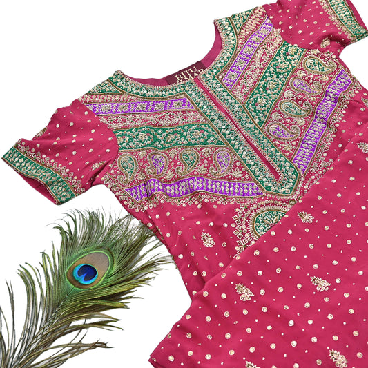 Indian Vintage Ritu Kumar Pink Pure Crepe Silk Long Kurta Hand Embroidered Printed Designer Ethnic Festive Party Wear Tunic