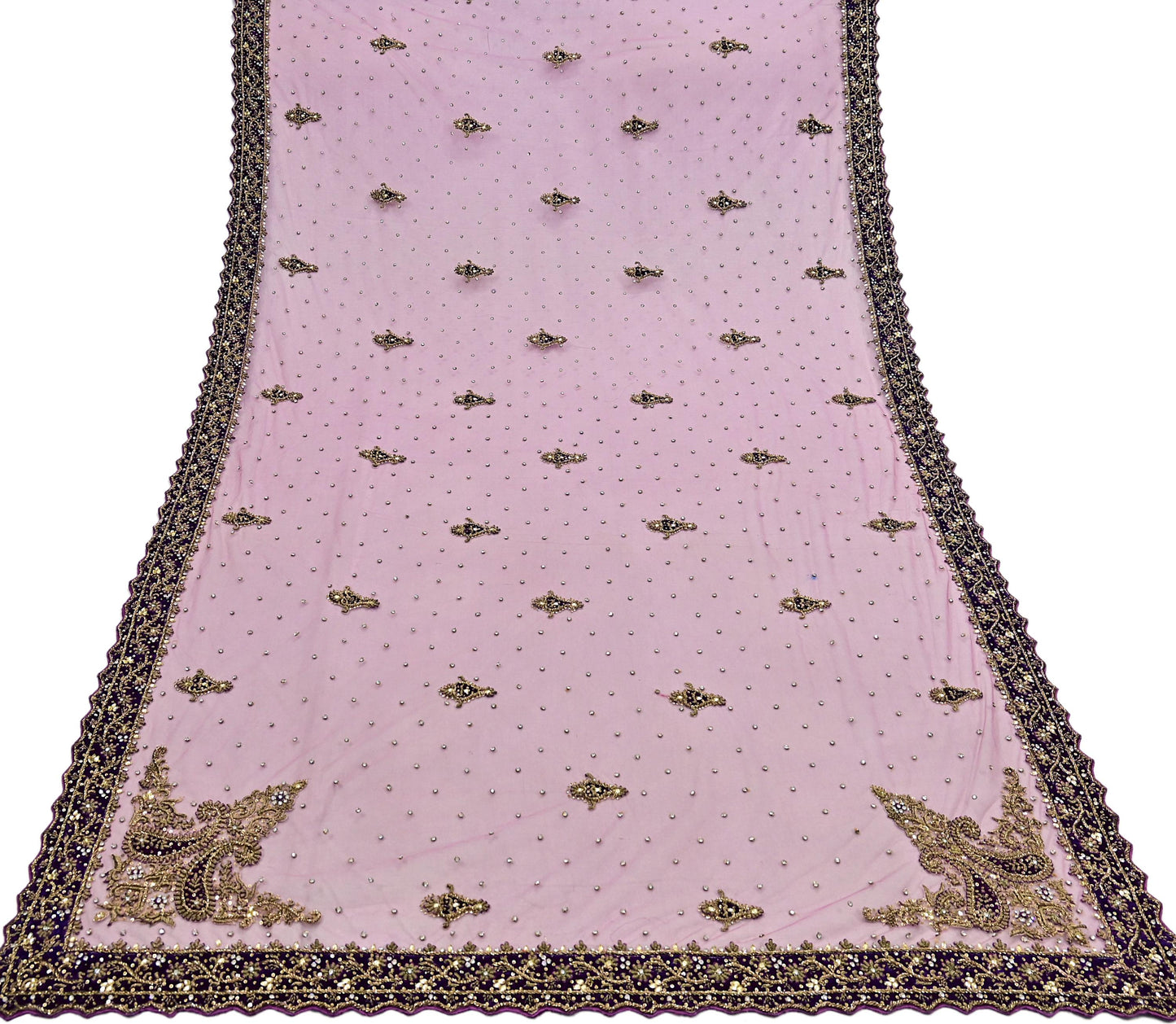 Indian Vintage Heavy Bridal Pink Dupatta Net Mesh Long Stole Hand Embroidered Scarves Golden Zardozi Dabka Zari Sequins Wedding Veil Hijab