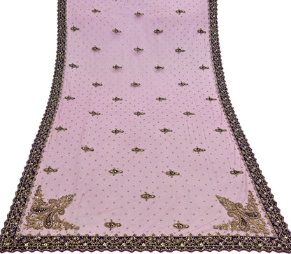 Indian Vintage Heavy Bridal Pink Dupatta Net Mesh Long Stole Hand Embroidered Scarves Golden Zardozi Dabka Zari Sequins Wedding Veil Hijab