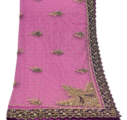 Indian Vintage Heavy Bridal Pink Dupatta Net Mesh Long Stole Hand Embroidered Scarves Golden Zardozi Dabka Zari Sequins Wedding Veil Hijab