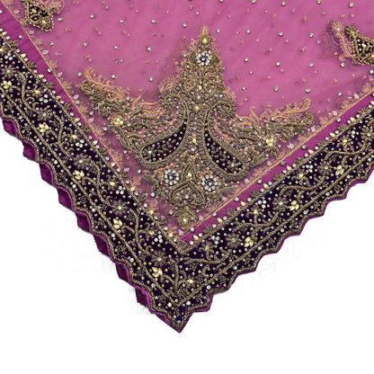 Indian Vintage Heavy Bridal Pink Dupatta Net Mesh Long Stole Hand Embroidered Scarves Golden Zardozi Dabka Zari Sequins Wedding Veil Hijab