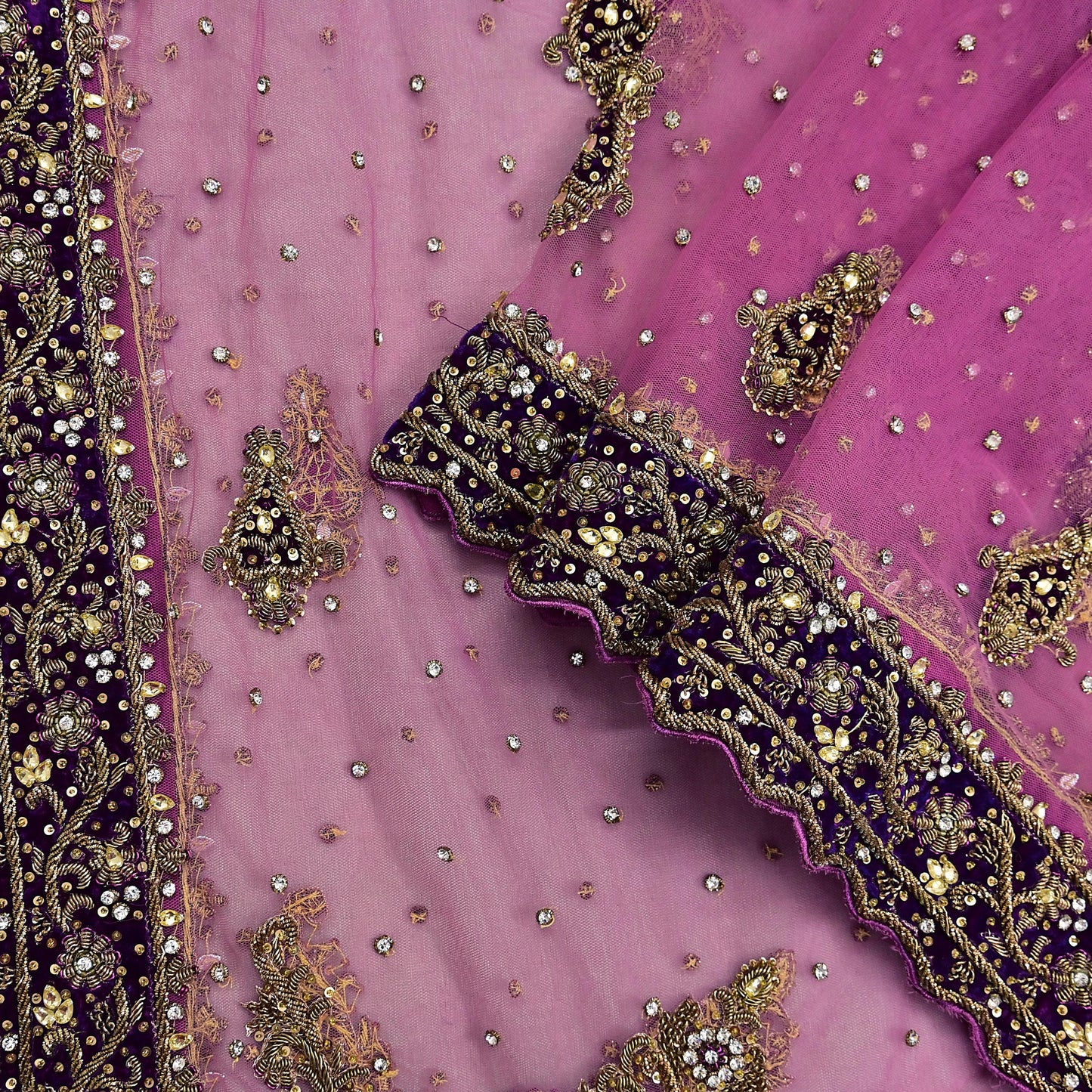 Indian Vintage Heavy Bridal Pink Dupatta Net Mesh Long Stole Hand Embroidered Scarves Golden Zardozi Dabka Zari Sequins Wedding Veil Hijab