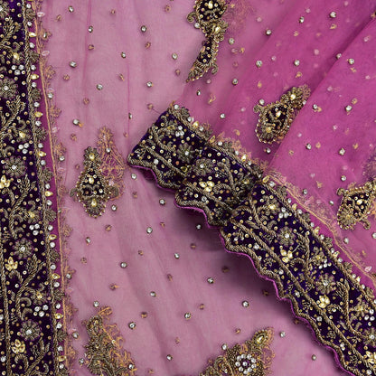 Indian Vintage Heavy Bridal Pink Dupatta Net Mesh Long Stole Hand Embroidered Scarves Golden Zardozi Dabka Zari Sequins Wedding Veil Hijab