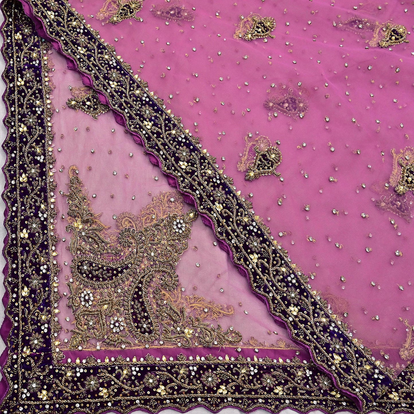 Indian Vintage Heavy Bridal Pink Dupatta Net Mesh Long Stole Hand Embroidered Scarves Golden Zardozi Dabka Zari Sequins Wedding Veil Hijab