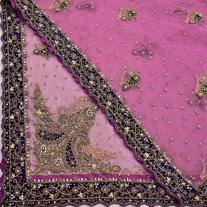 Indian Vintage Heavy Bridal Pink Dupatta Net Mesh Long Stole Hand Embroidered Scarves Golden Zardozi Dabka Zari Sequins Wedding Veil Hijab