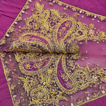 Indian Vintage Heavy Bridal Pink Dupatta Net Mesh Long Stole Hand Embroidered Scarves Golden Zardozi Dabka Zari Sequins Wedding Veil Hijab