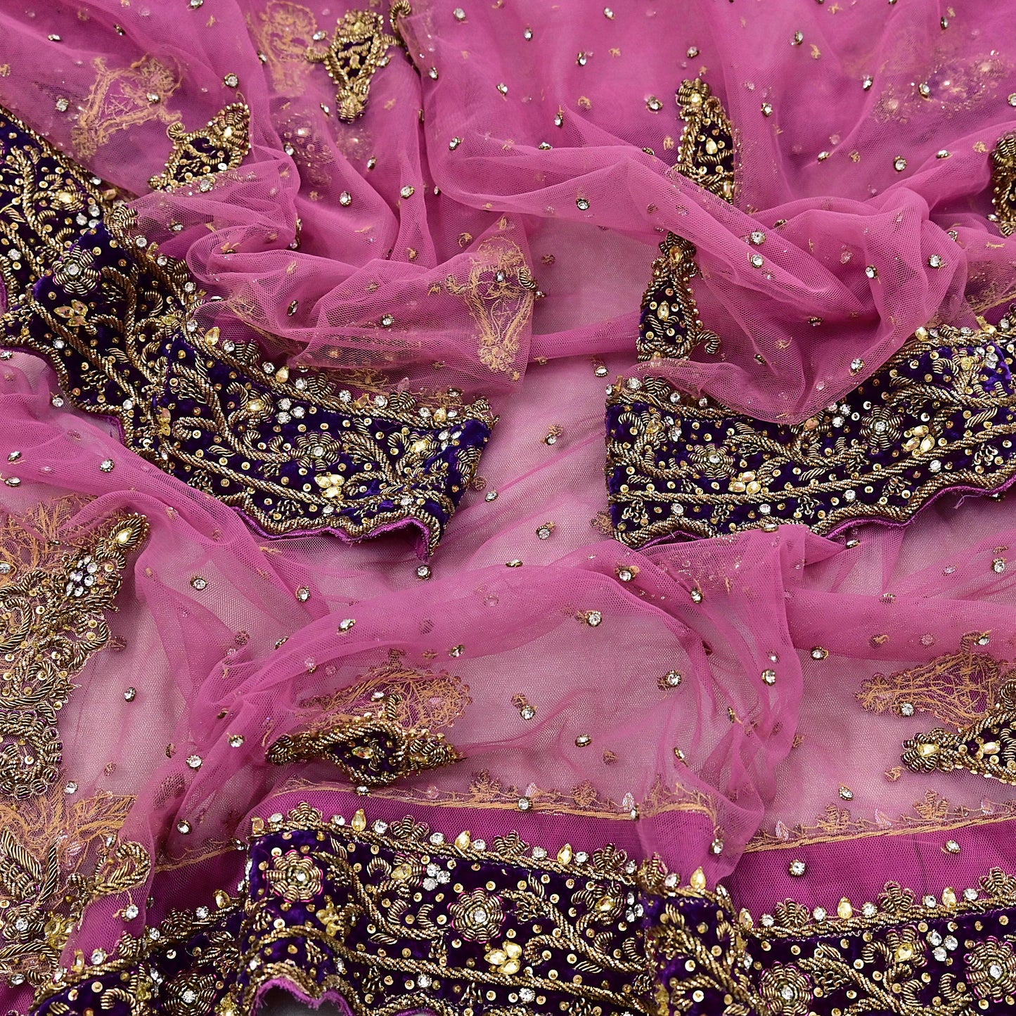 Indian Vintage Heavy Bridal Pink Dupatta Net Mesh Long Stole Hand Embroidered Scarves Golden Zardozi Dabka Zari Sequins Wedding Veil Hijab