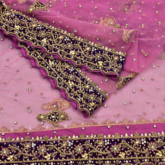 Indian Vintage Heavy Bridal Pink Dupatta Net Mesh Long Stole Hand Embroidered Scarves Golden Zardozi Dabka Zari Sequins Wedding Veil Hijab