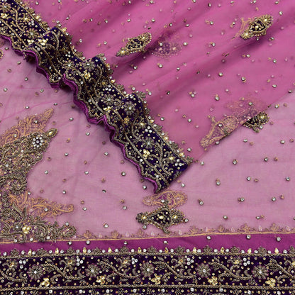 Indian Vintage Heavy Bridal Pink Dupatta Net Mesh Long Stole Hand Embroidered Scarves Golden Zardozi Dabka Zari Sequins Wedding Veil Hijab