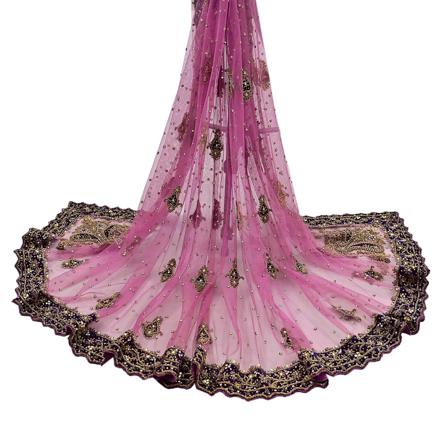 Indian Vintage Heavy Bridal Pink Dupatta Net Mesh Long Stole Hand Embroidered Scarves Golden Zardozi Dabka Zari Sequins Wedding Veil Hijab