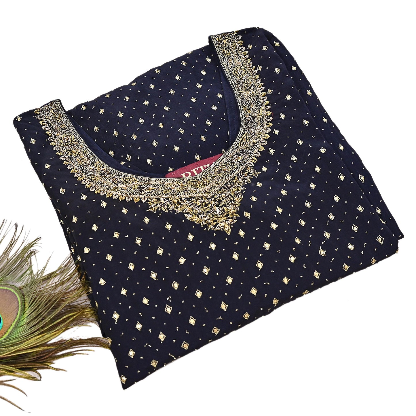 Indian Pre-Owned Black Pure Crepe Silk Hand Embroidered Ritu Kumar Designer 2 Piece Suit Set (Kurta + Dupatta)