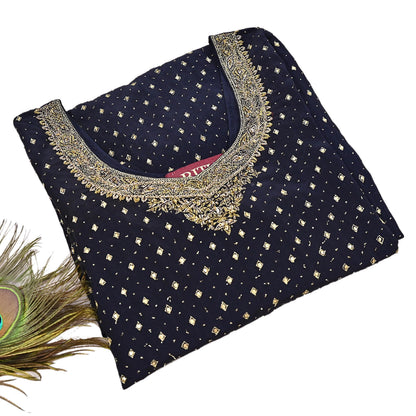 Indian Pre-Owned Black Pure Crepe Silk Hand Embroidered Ritu Kumar Designer 2 Piece Suit Set (Kurta + Dupatta)