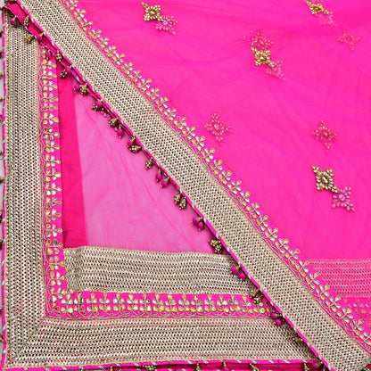 Indian Vintage Heavy Bridal Dupatta Magenta Net Mesh Long Stole Hand Embroidered Scarves Golden Gota Patti Wedding/Party Wear