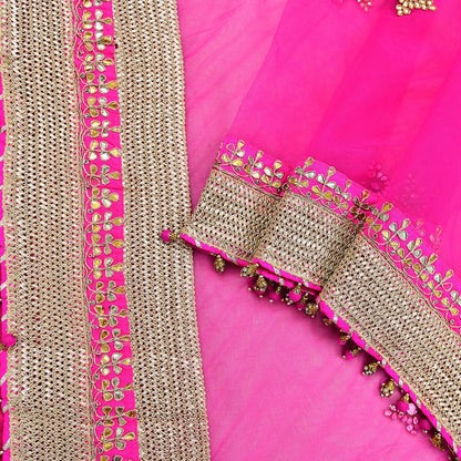 Indian Vintage Heavy Bridal Dupatta Magenta Net Mesh Long Stole Hand Embroidered Scarves Golden Gota Patti Wedding/Party Wear