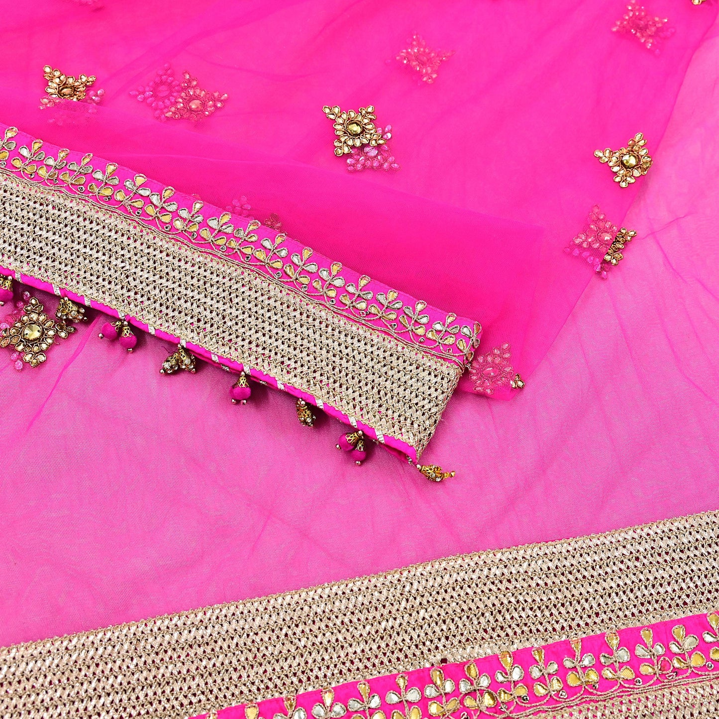 Indian Vintage Heavy Bridal Dupatta Magenta Net Mesh Long Stole Hand Embroidered Scarves Golden Gota Patti Wedding/Party Wear