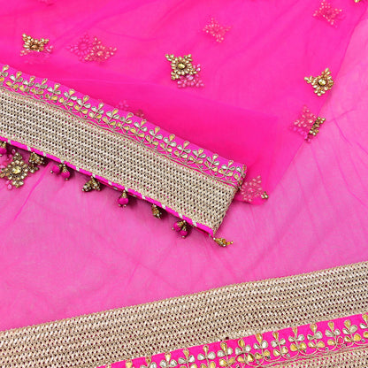 Indian Vintage Heavy Bridal Dupatta Magenta Net Mesh Long Stole Hand Embroidered Scarves Golden Gota Patti Wedding/Party Wear