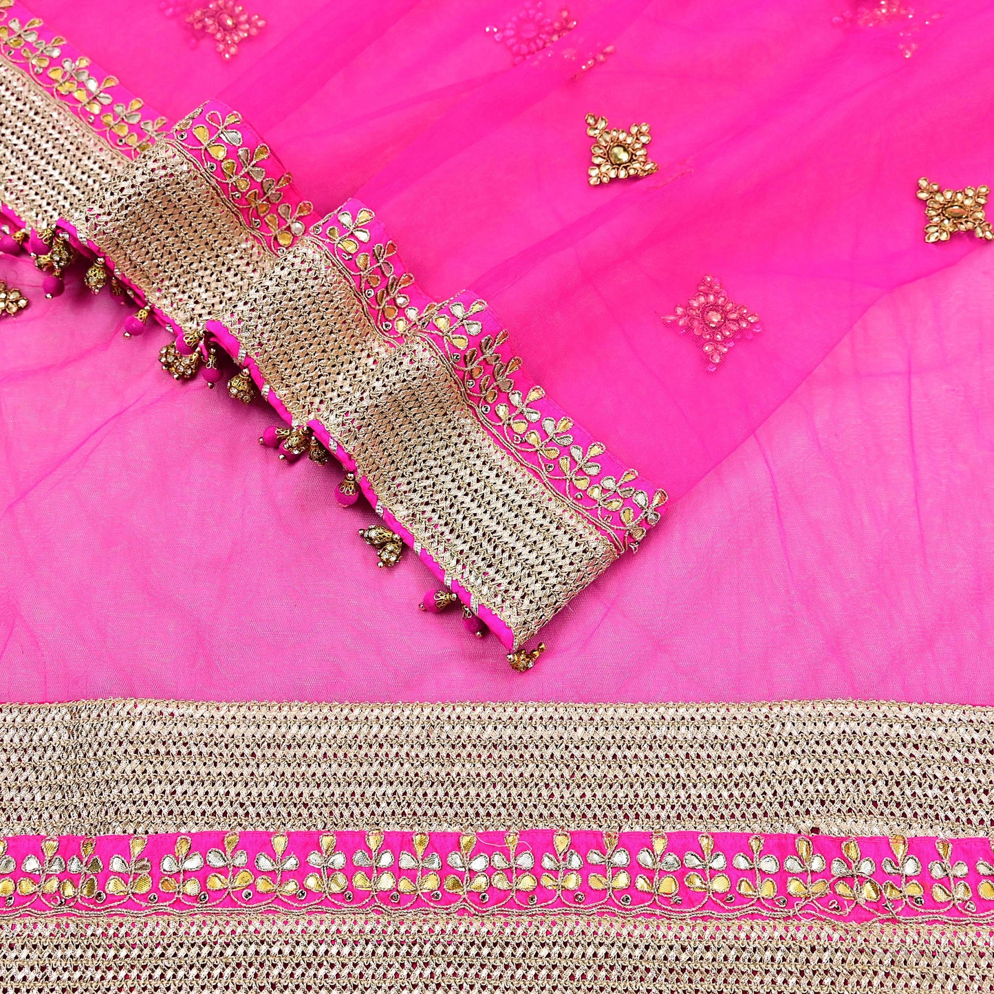 Indian Vintage Heavy Bridal Dupatta Magenta Net Mesh Long Stole Hand Embroidered Scarves Golden Gota Patti Wedding/Party Wear