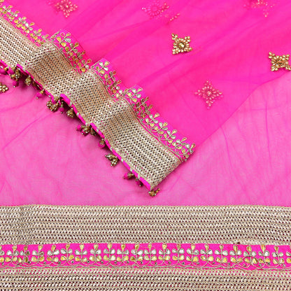 Indian Vintage Heavy Bridal Dupatta Magenta Net Mesh Long Stole Hand Embroidered Scarves Golden Gota Patti Wedding/Party Wear