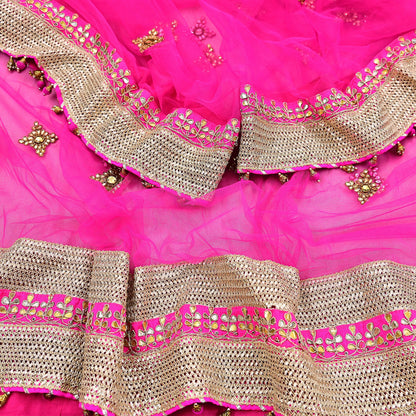 Indian Vintage Heavy Bridal Dupatta Magenta Net Mesh Long Stole Hand Embroidered Scarves Golden Gota Patti Wedding/Party Wear