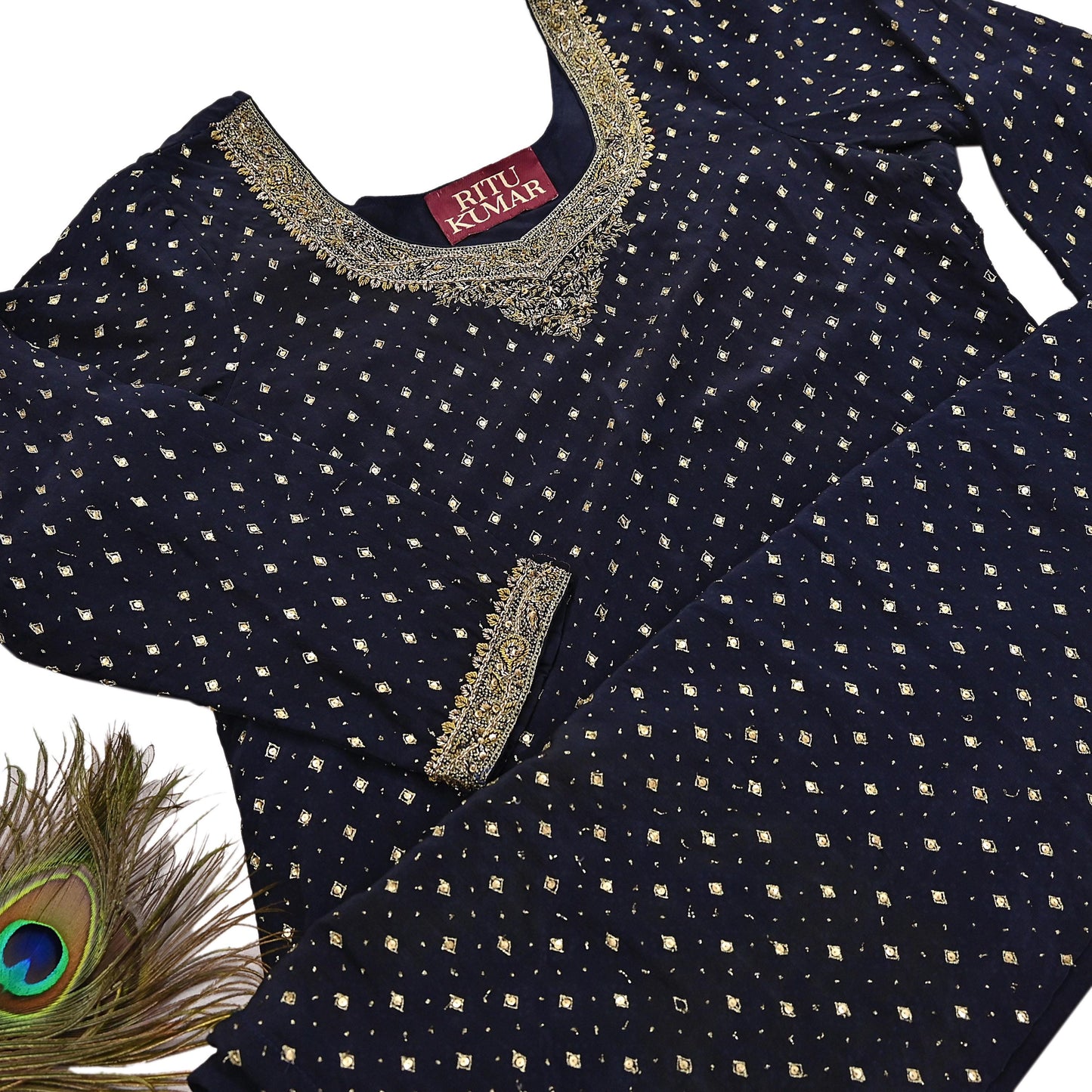 Indian Vintage Ritu Kumar Deep Blue Pure Crepe Silk Long Kurta Hand Embroidered Printed Designer Ethnic Festive Party Wear Tunic