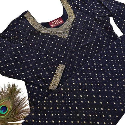 Indian Vintage Ritu Kumar Deep Blue Pure Crepe Silk Long Kurta Hand Embroidered Printed Designer Ethnic Festive Party Wear Tunic