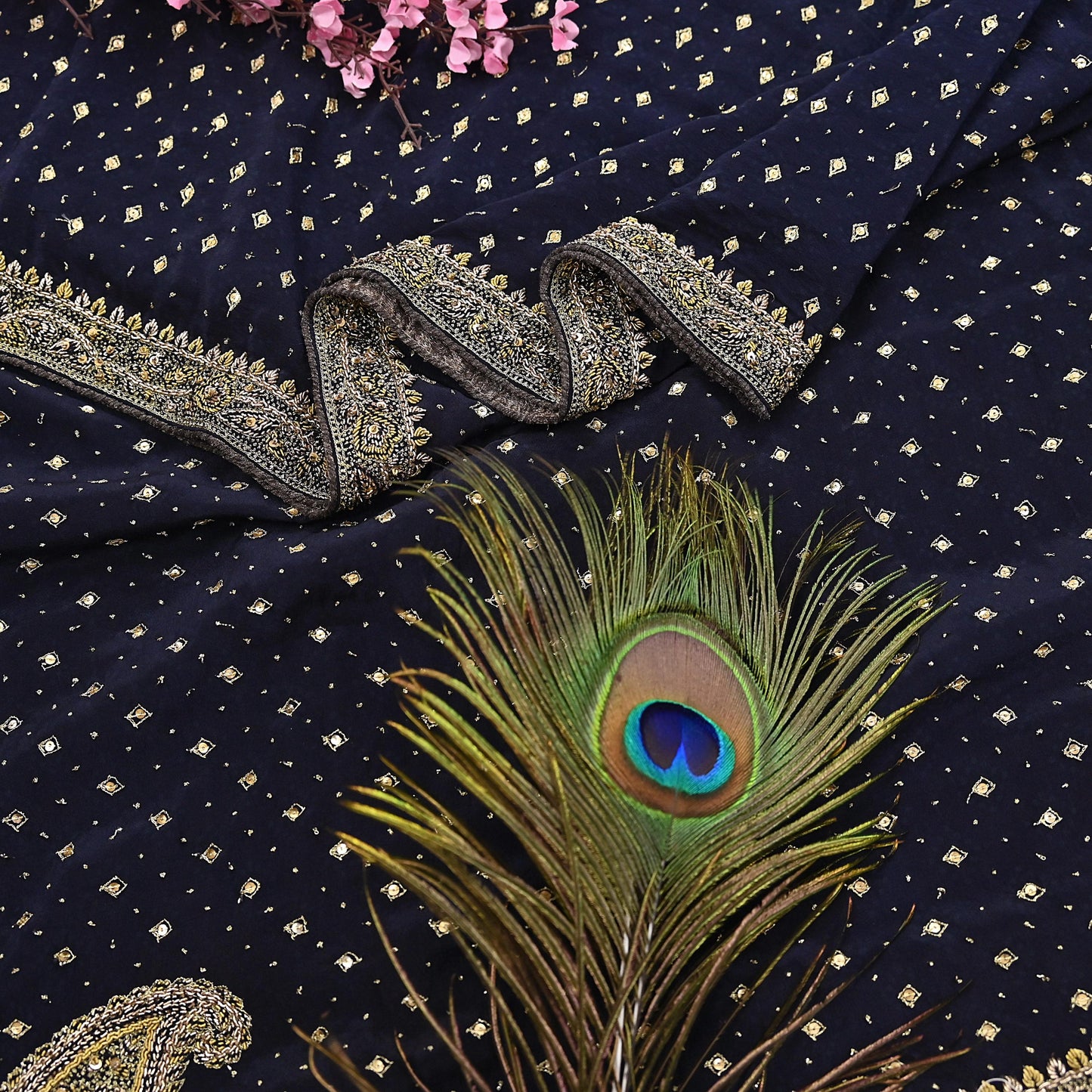 Indian Vintage Heavy Deep Blue Dupatta Pure Crepe Silk Long Stole Hand Embroidered Designer By Ritu Kumar Scarves Scarf Zari Zardozi