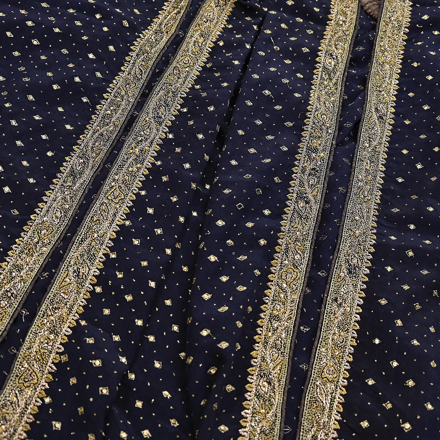 Indian Vintage Heavy Deep Blue Dupatta Pure Crepe Silk Long Stole Hand Embroidered Designer By Ritu Kumar Scarves Scarf Zari Zardozi